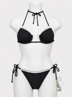 Celebrity Pink Black Lace Trim Bikini Set XS 0-2 Tie Side Swimwear NWT